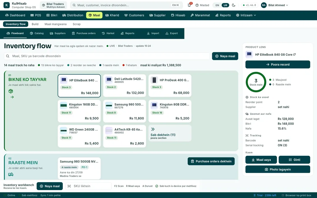 Inventory flow: what is ready to sell, what is on the way, and the product lens with serial tracking